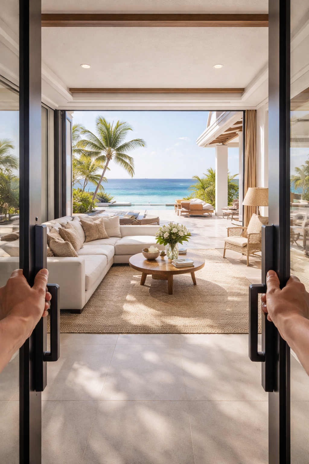 Luxury beachfront vacation rental villa with ocean view and modern interior
