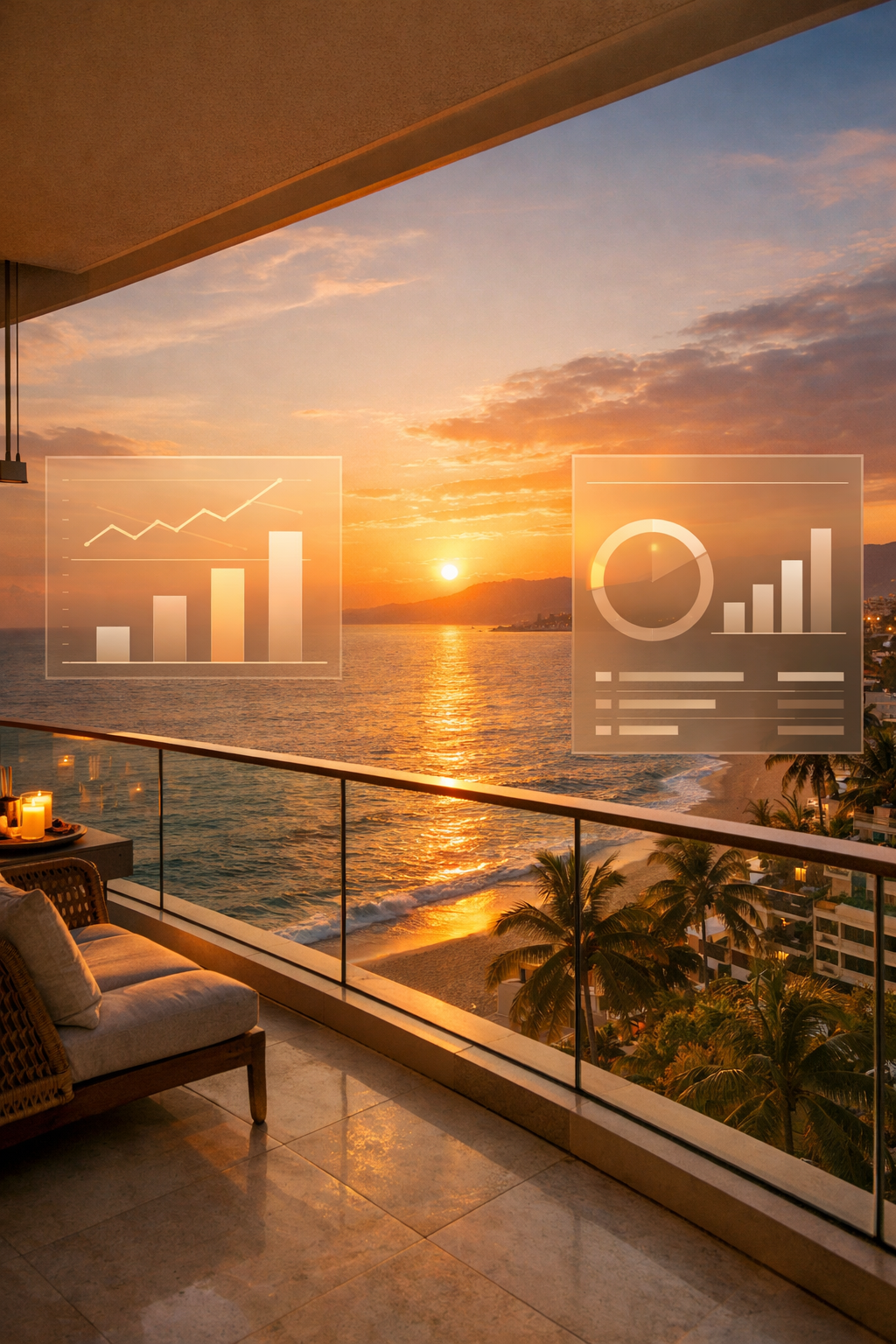 Balcon de condo de luxe à Puerto Vallarta avec coucher de soleil sur l’océan et analyse des revenus Airbnb vs location longue durée