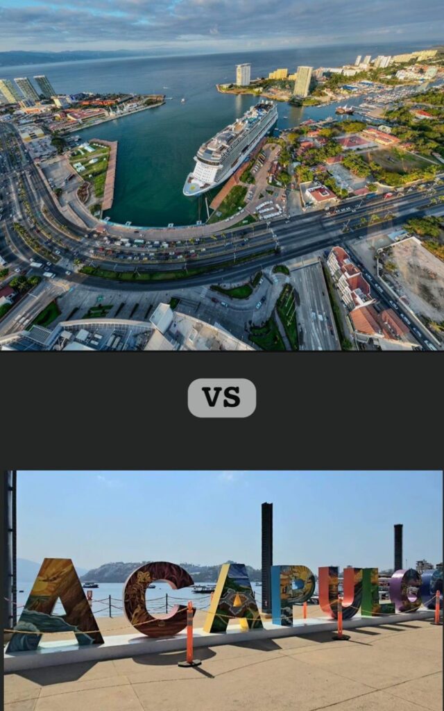 Puerto Vallarta cruise port aerial view compared with Acapulco waterfront sign showing tourism contrast between the two Mexican destinations