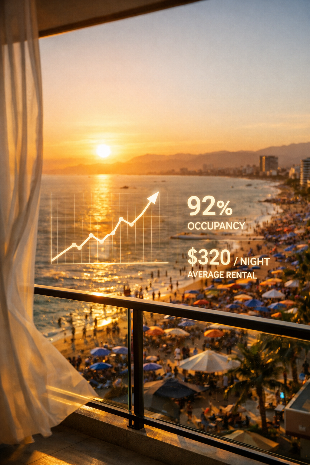 Holy Week ROI Vallarta view from luxury condo balcony overlooking crowded beach