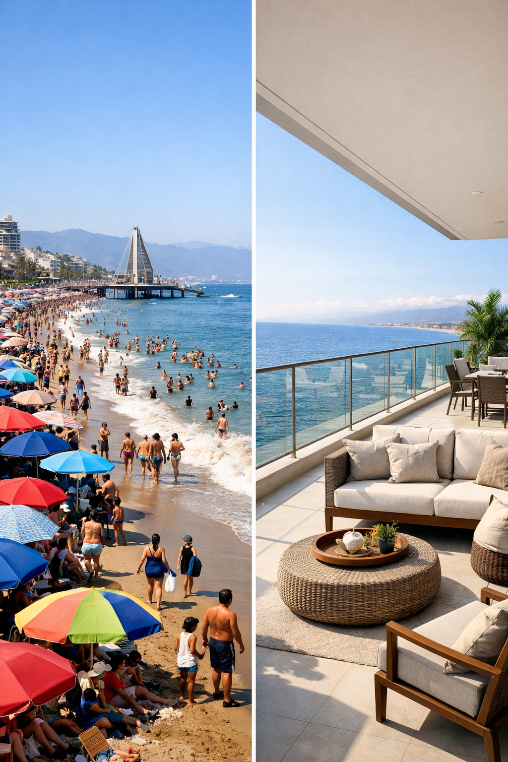 Crowded Puerto Vallarta beach during Holy Week with colorful umbrellas and oceanfront condo balcony view