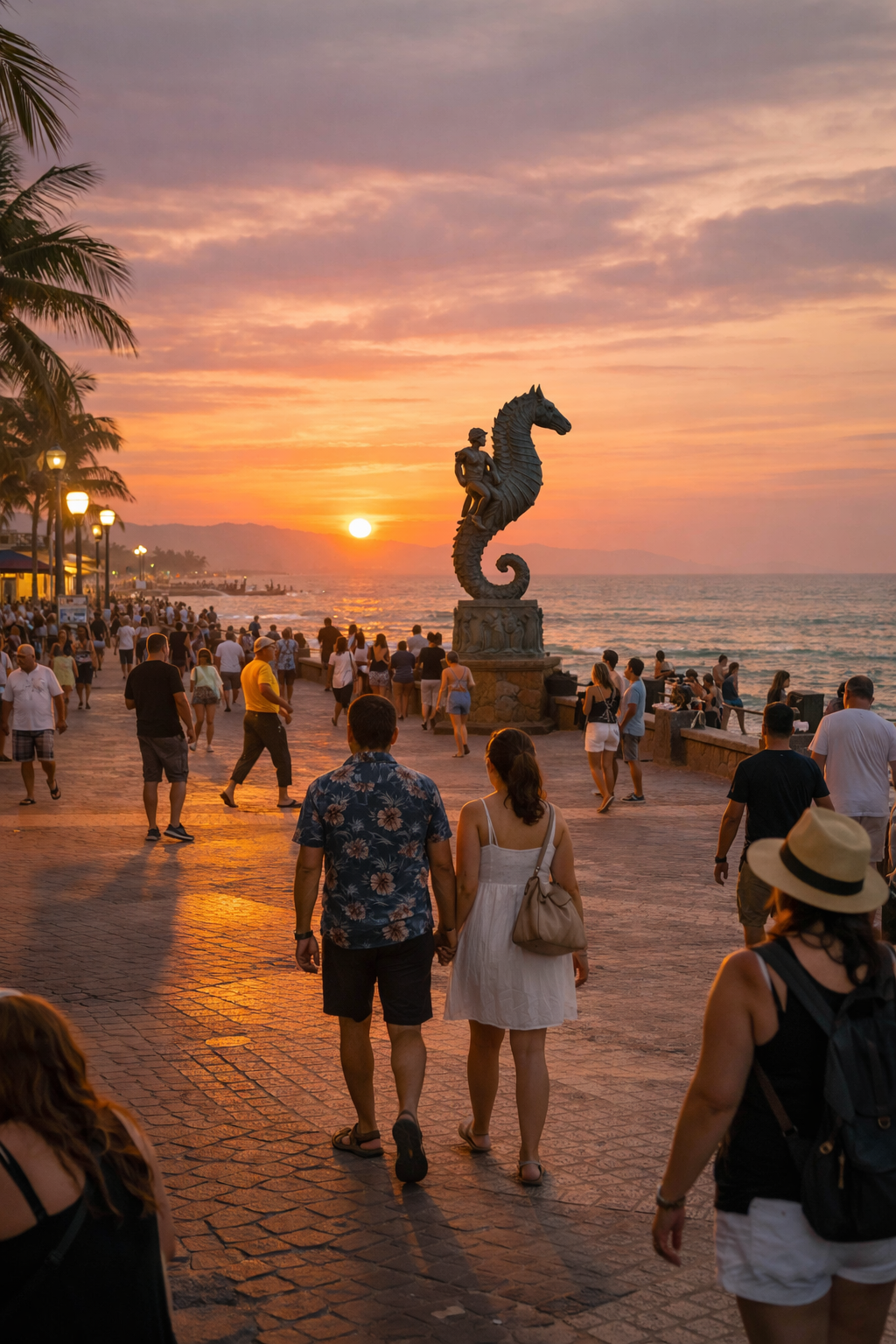 Couple walking along Puerto Vallarta Malecón at sunset with ocean view and sculpture