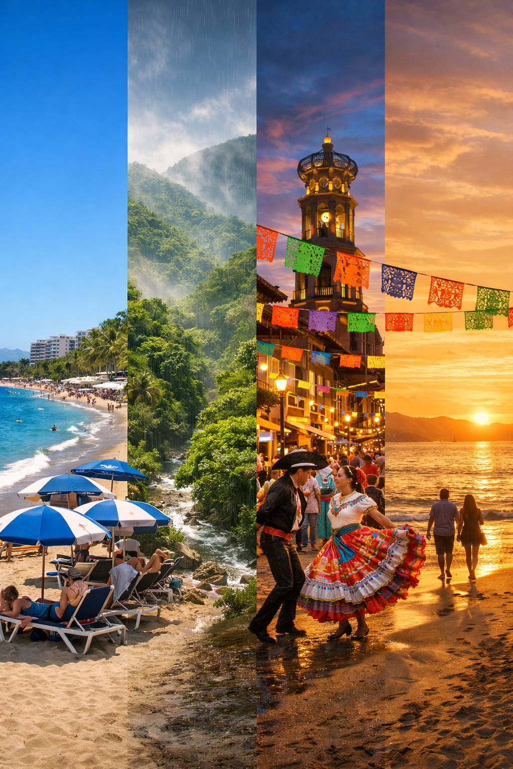Puerto Vallarta tourist season year-round beach jungle festival sunset collage