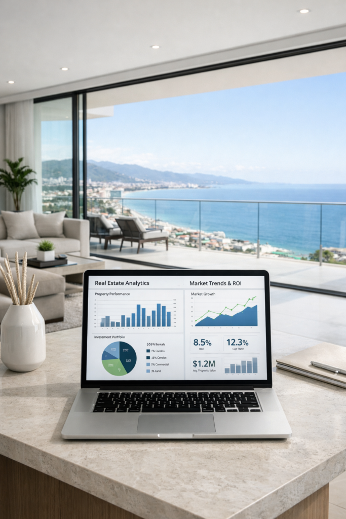 Luxury Puerto Vallarta condo with ocean view and real estate investment analytics on laptop