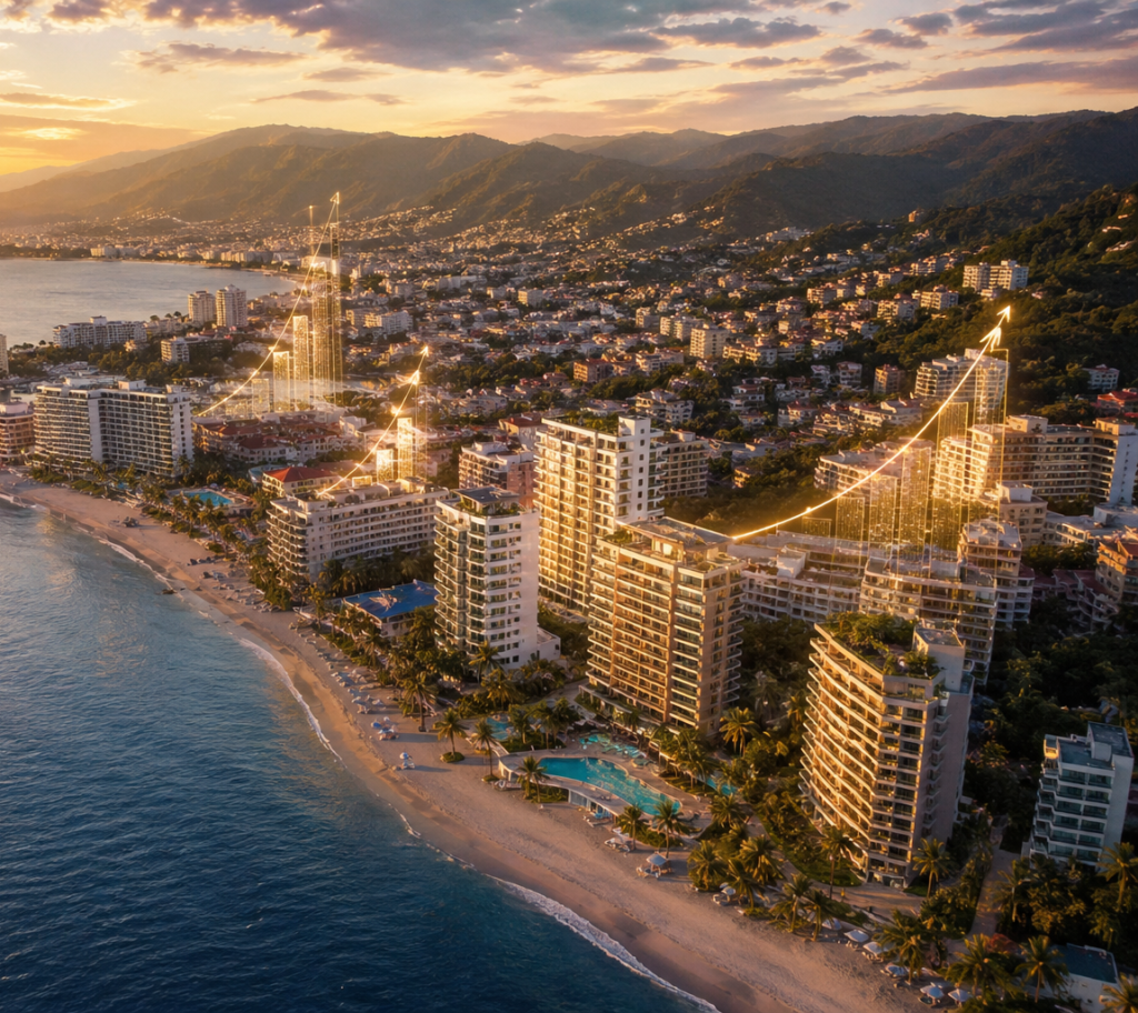 Aerial view of Puerto Vallarta beachfront condos with glowing real estate growth graphs showing property appreciation trends at sunset.
