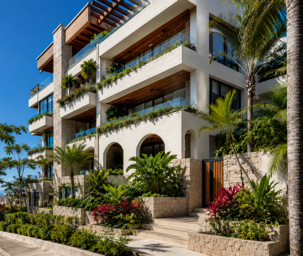 Luxury boutique condominium development in Puerto Vallarta with modern architecture, spacious balconies, and tropical landscaping