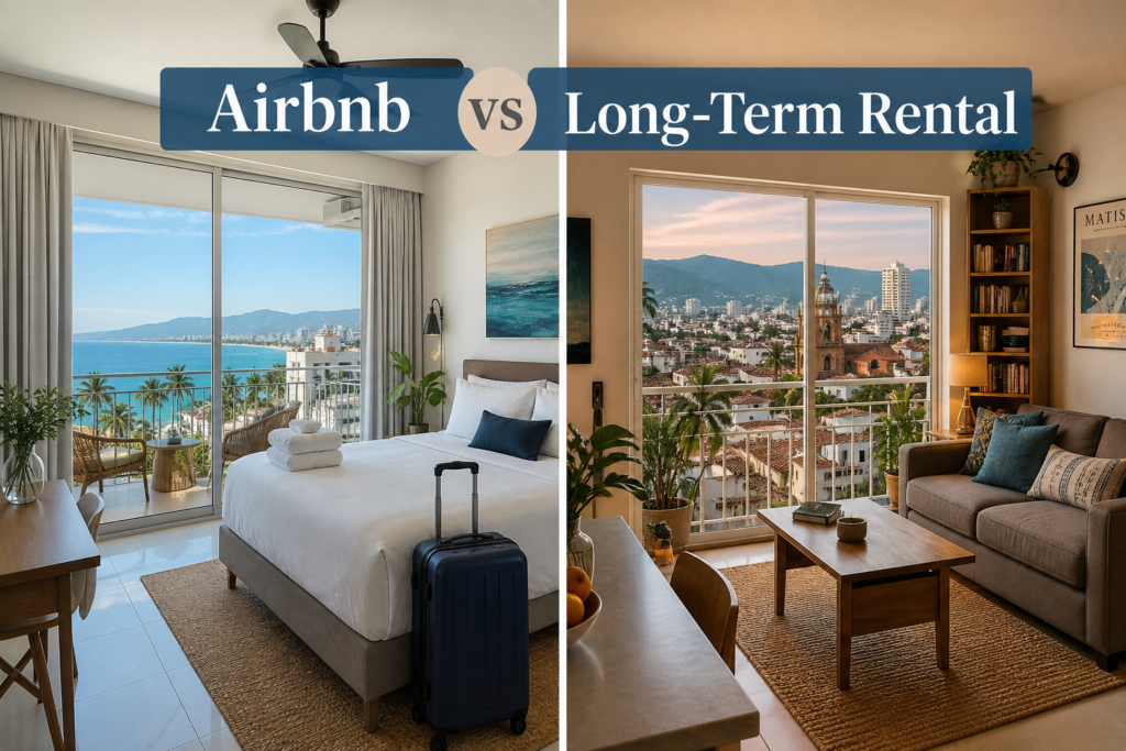 Comparaison Airbnb vs location longue durée à Puerto Vallarta avec condo vue mer et appartement en ville