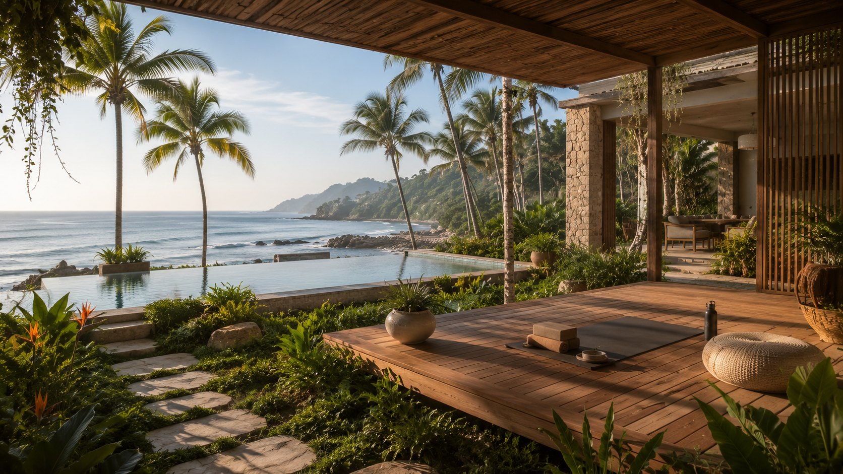 Luxury wellness retreat in Coastal Mexico featuring an oceanfront villa, infinity pool, tropical gardens, and yoga deck overlooking the Pacific Ocean