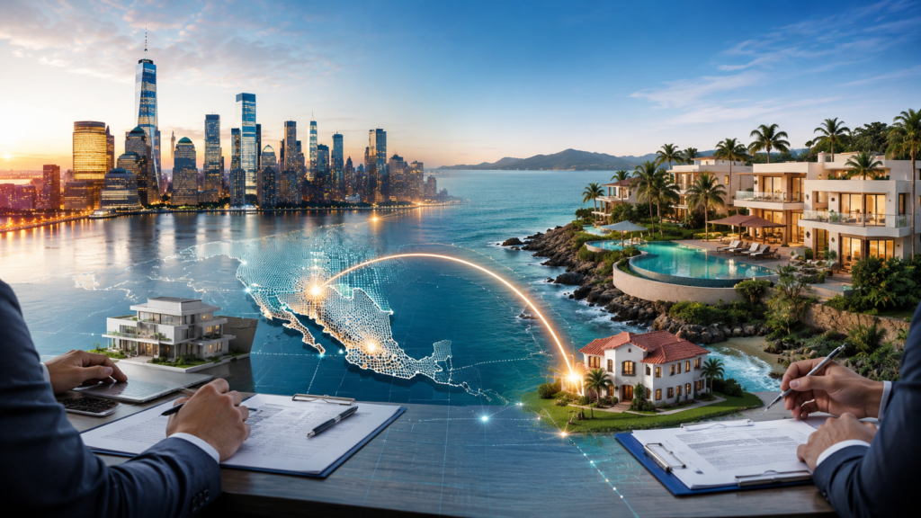 Cross-border financing for buying property in Mexico from the USA, featuring luxury Mexican real estate, financial documents, and a U.S.-Mexico investment connection.
