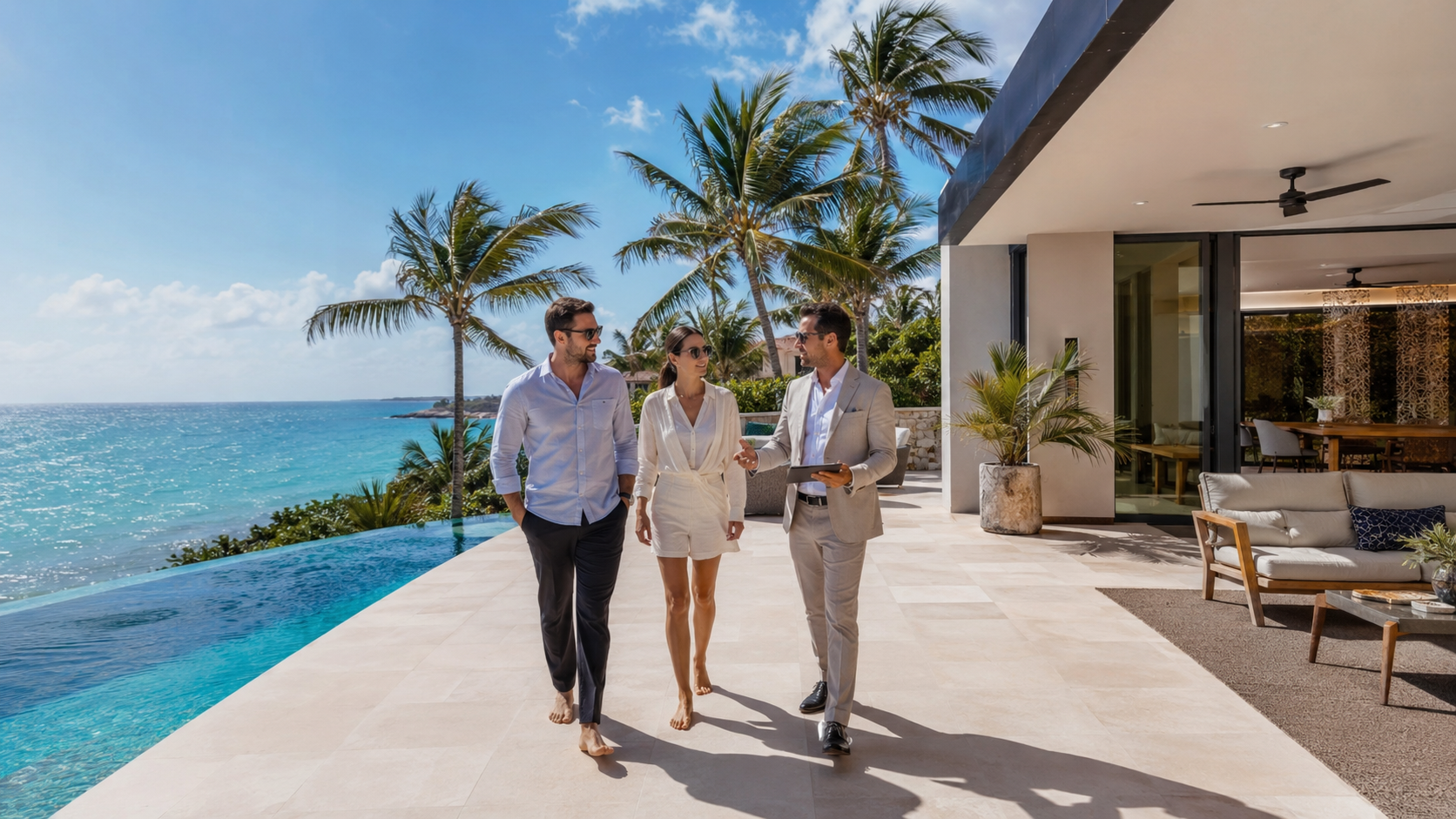 Luxury beachfront property tour in Mexico with a real estate agent showing an oceanfront villa to international buyers.