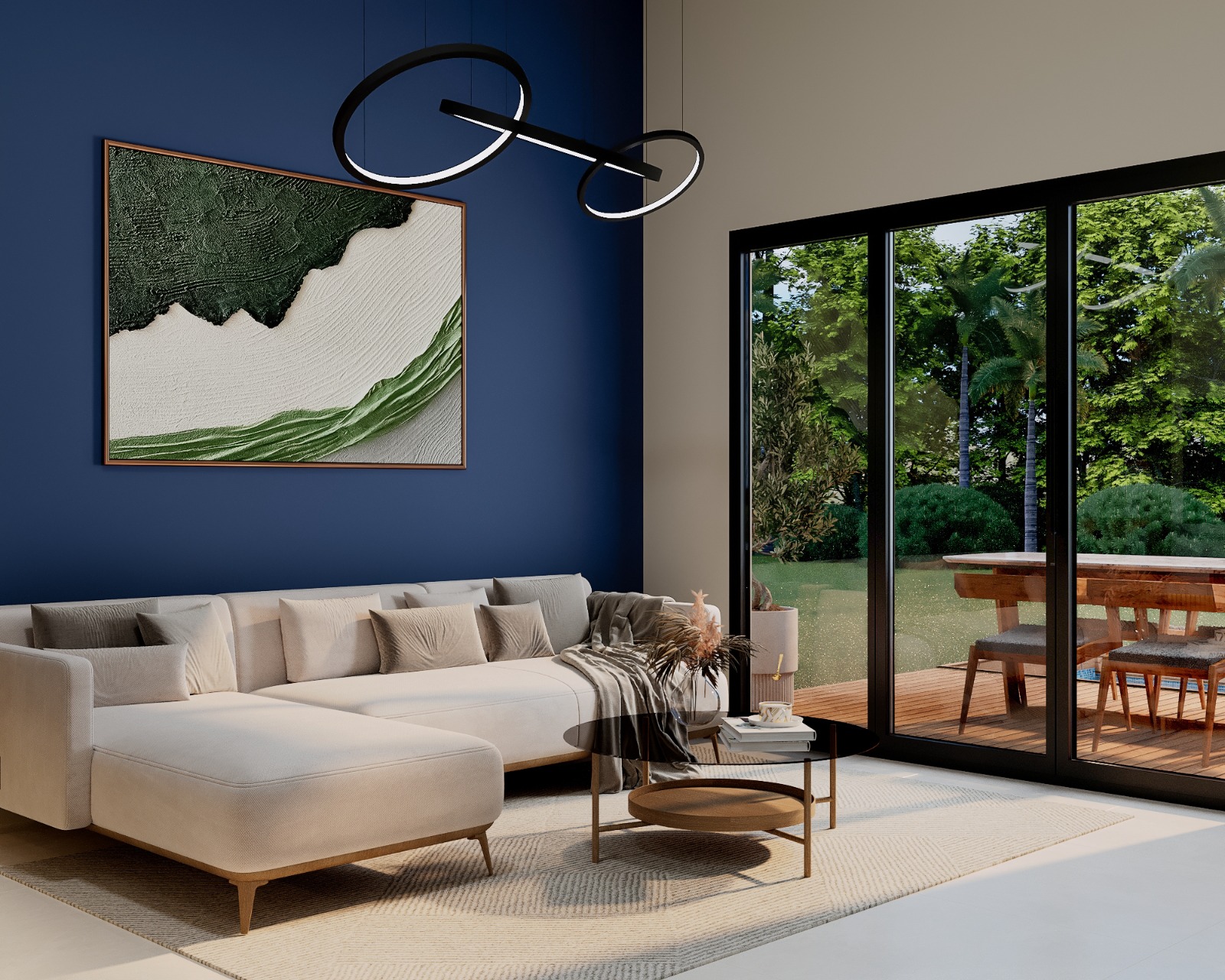Modern coastal-inspired living room with large glass doors, natural light, contemporary furniture, and indoor-outdoor design