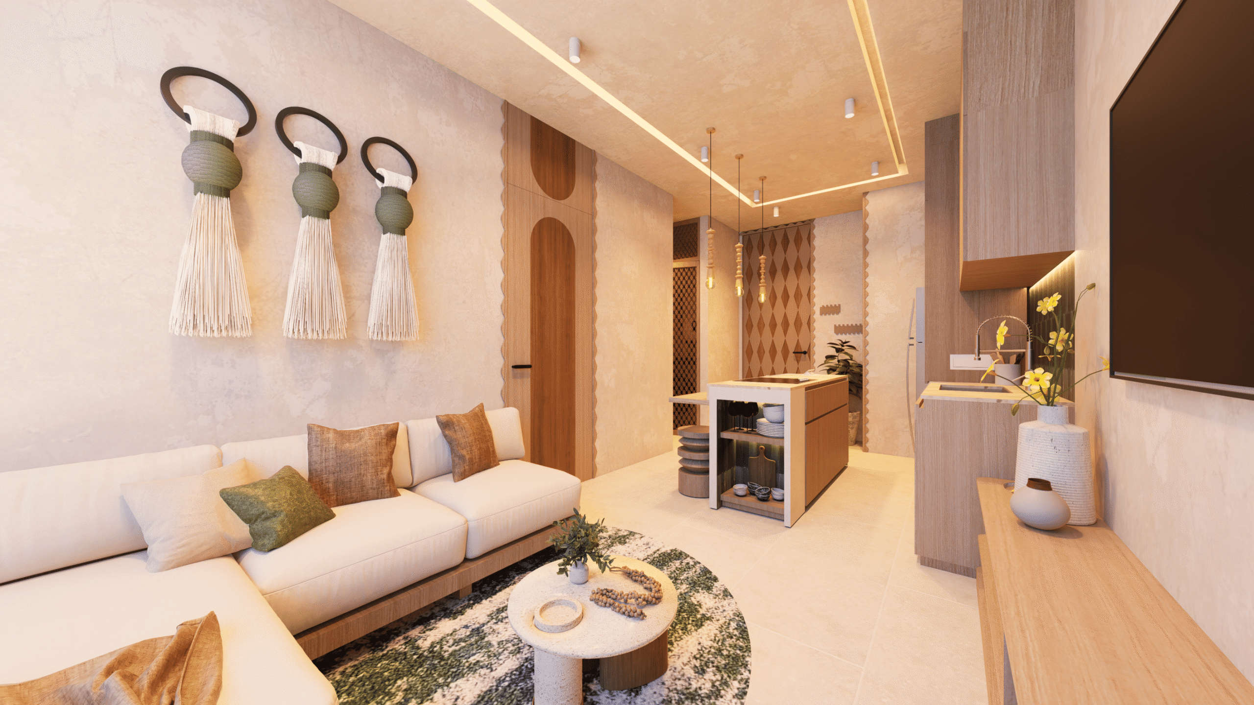 Open-concept living room and designer kitchen inside a luxury Puerto Vallarta condominium.