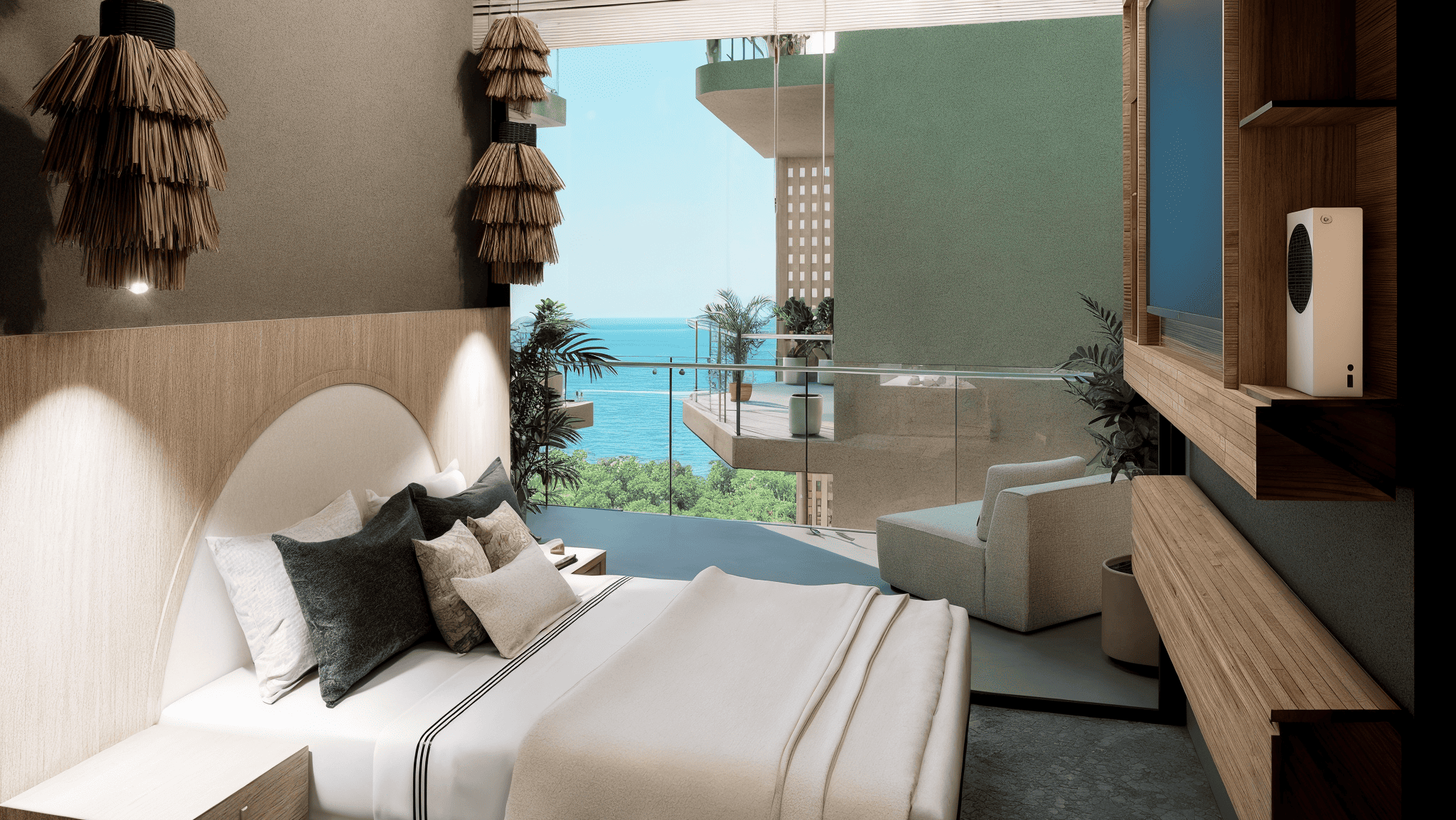 Modern master bedroom with private balcony and ocean view in a luxury Puerto Vallarta condominium.