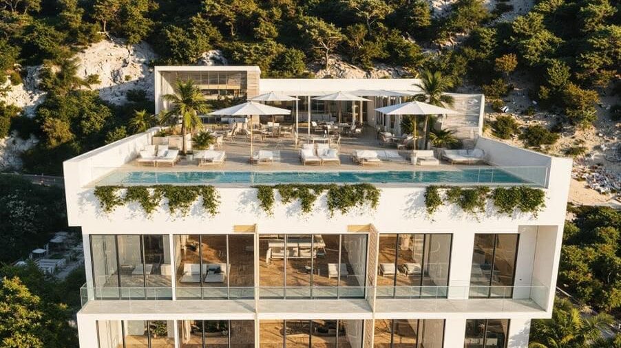 Luxury condominium building with rooftop amenities in Puerto Vallarta surrounded by tropical hills.