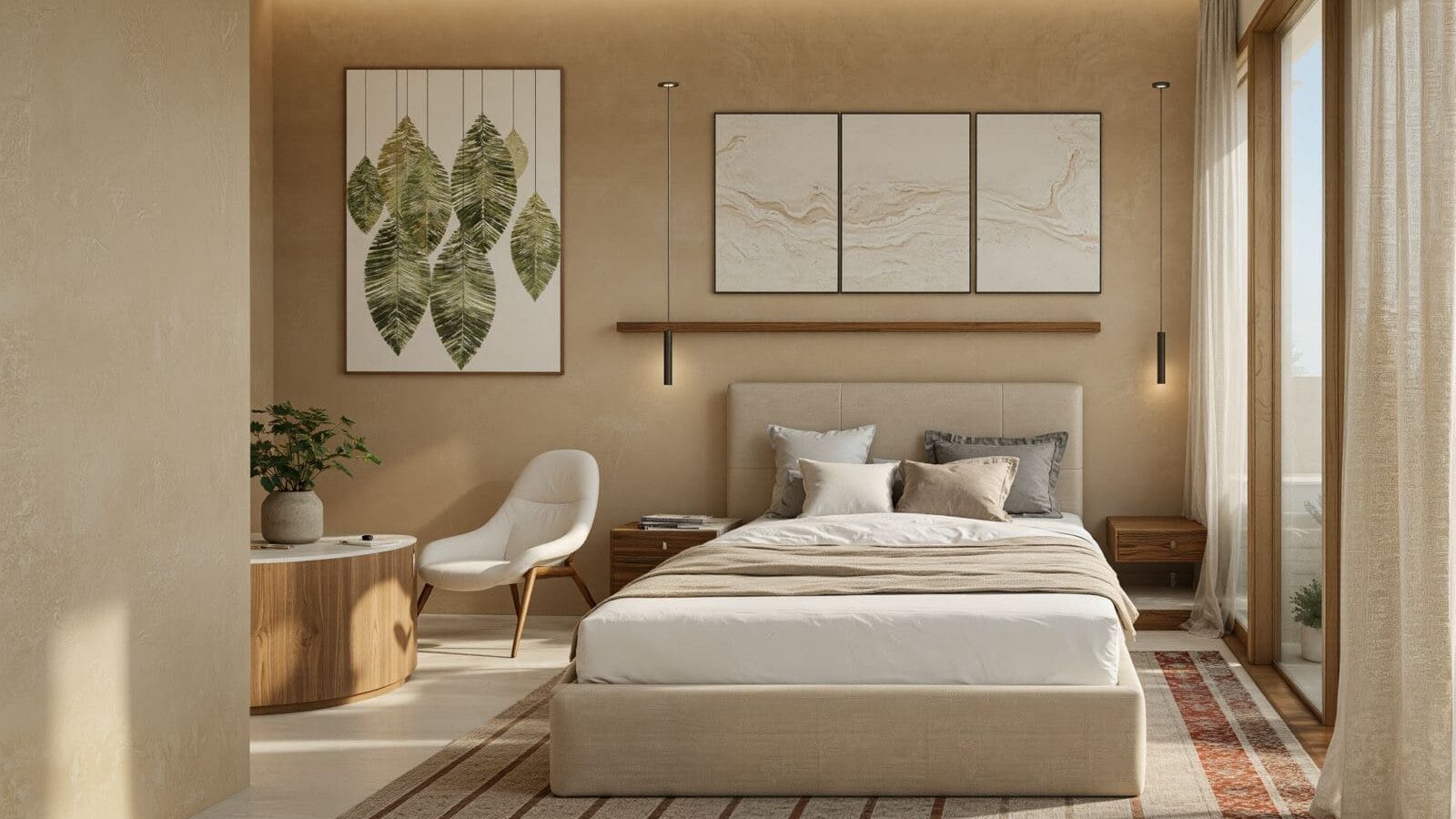 Modern luxury bedroom with natural finishes and private balcony in a Puerto Vallarta condominium.