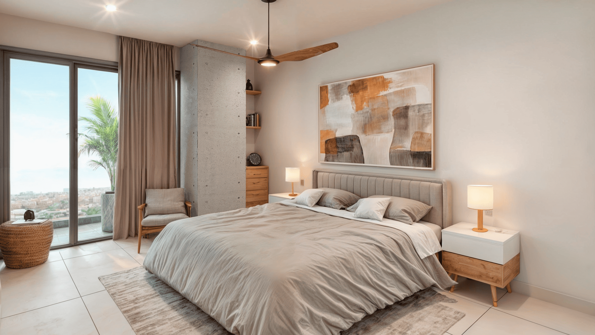 Modern master bedroom with private balcony and city views in a Puerto Vallarta luxury condominium.