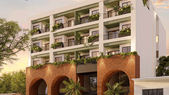 Modern presale condominium building in Puerto Vallarta featuring contemporary architecture, spacious balconies and premium residences.