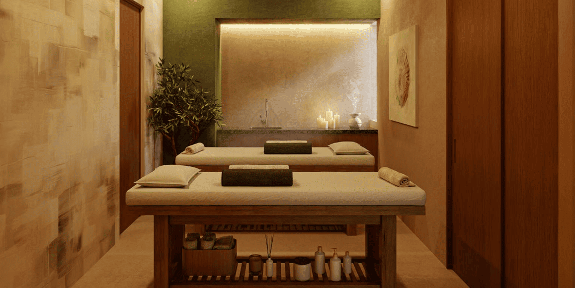 Luxury wellness spa with massage rooms inside a modern condominium development in Puerto Vallarta.