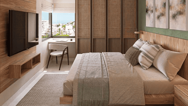 Modern bedroom with contemporary finishes inside a luxury condominium in Puerto Vallarta.