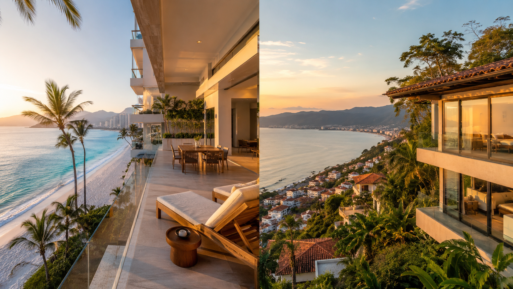 Oceanfront vs. ocean view properties in Puerto Vallarta showing a beachfront condo and a hillside villa overlooking Banderas Bay.