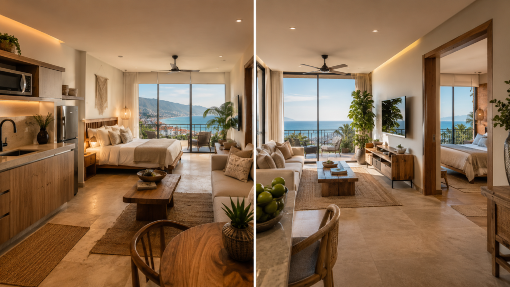 Studio vs one-bedroom condo investment in Puerto Vallarta with ocean views