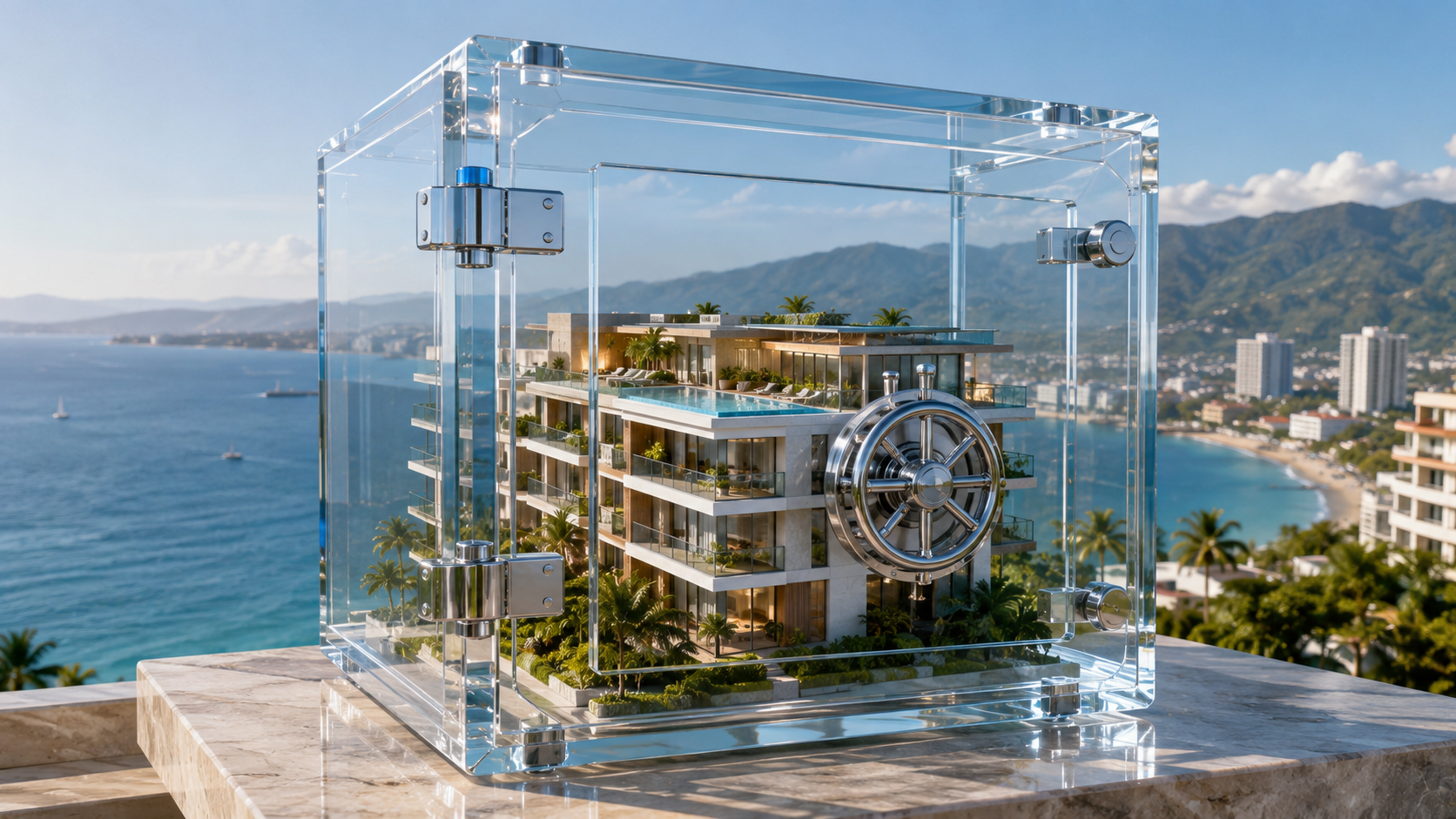 Luxury oceanfront condominium in Puerto Vallarta protected inside a crystal vault symbolizing secure foreign property ownership through a fideicomiso in Mexico.