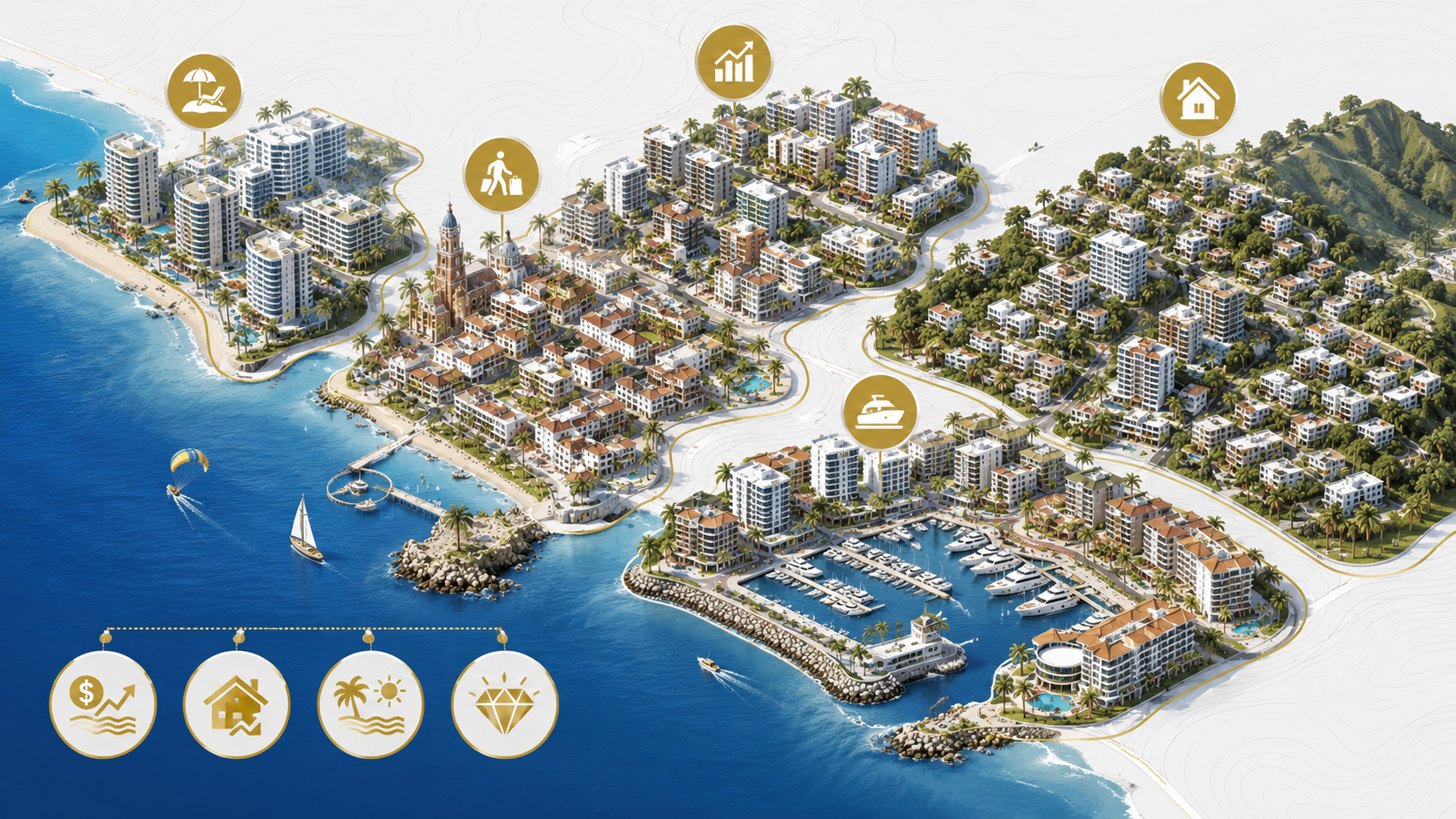 Isometric map of Puerto Vallarta highlighting Versalles, 5 de Diciembre, Hotel Zone, Romantic Zone, and Marina Vallarta for real estate investment in 2026.