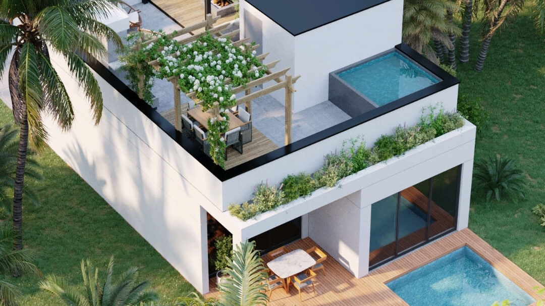 Luxury modern villa with rooftop terrace, private pool and tropical landscaping in Puerto Vallarta.