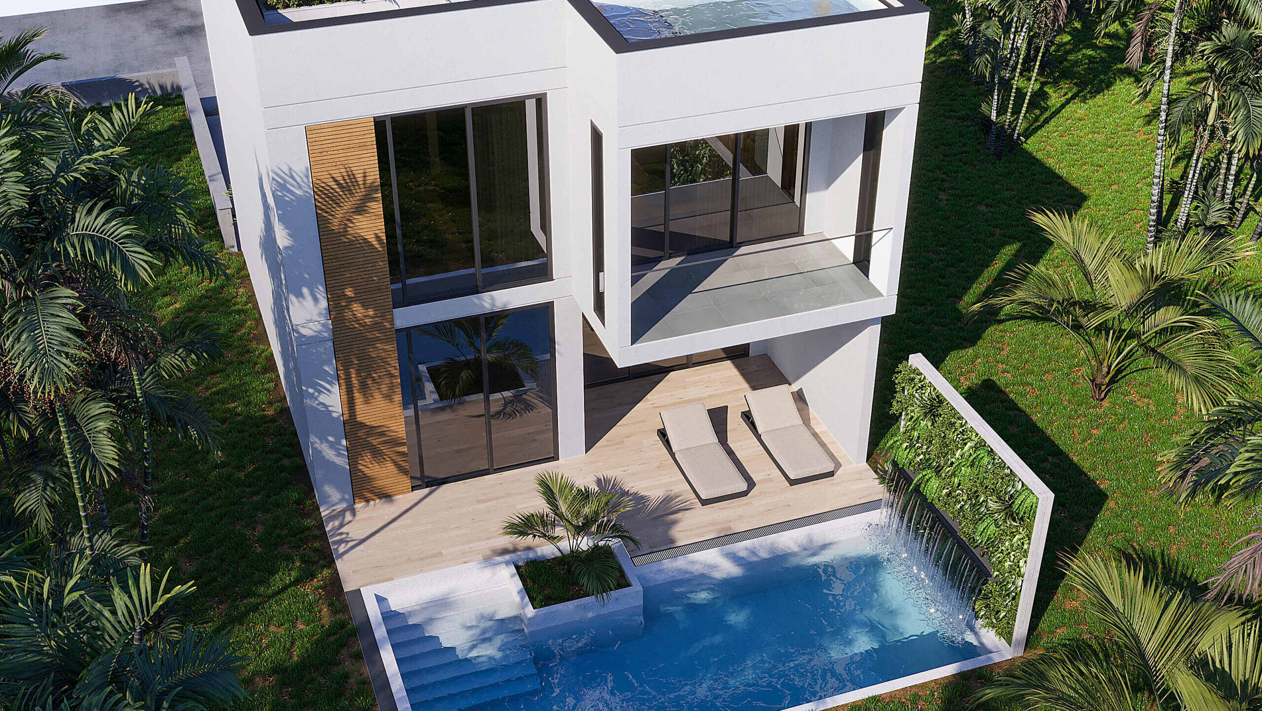Luxury modern villa with private pool surrounded by tropical landscaping in Puerto Vallarta.
