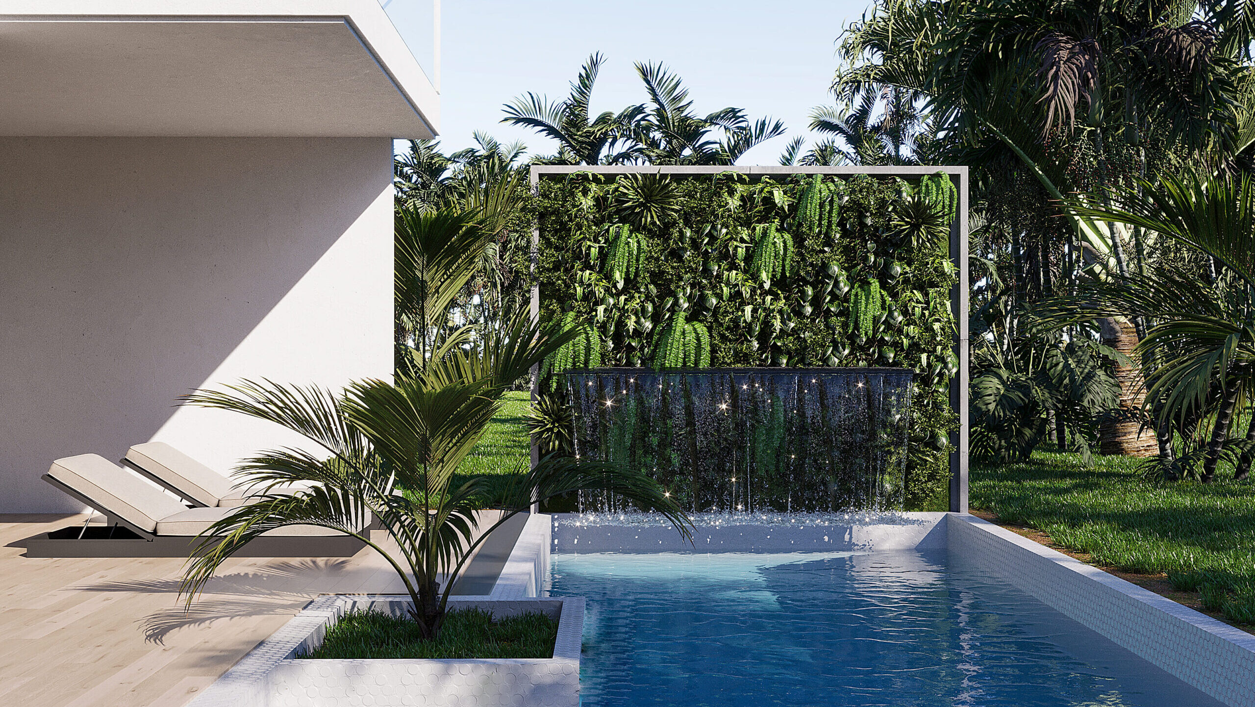 Private swimming pool with waterfall feature at a modern luxury villa in Puerto Vallarta.