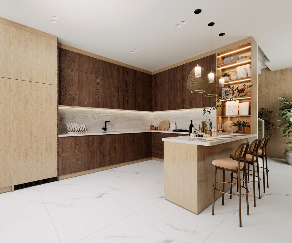 Modern luxury condo kitchen with wood cabinetry, marble countertops, and a spacious kitchen island.