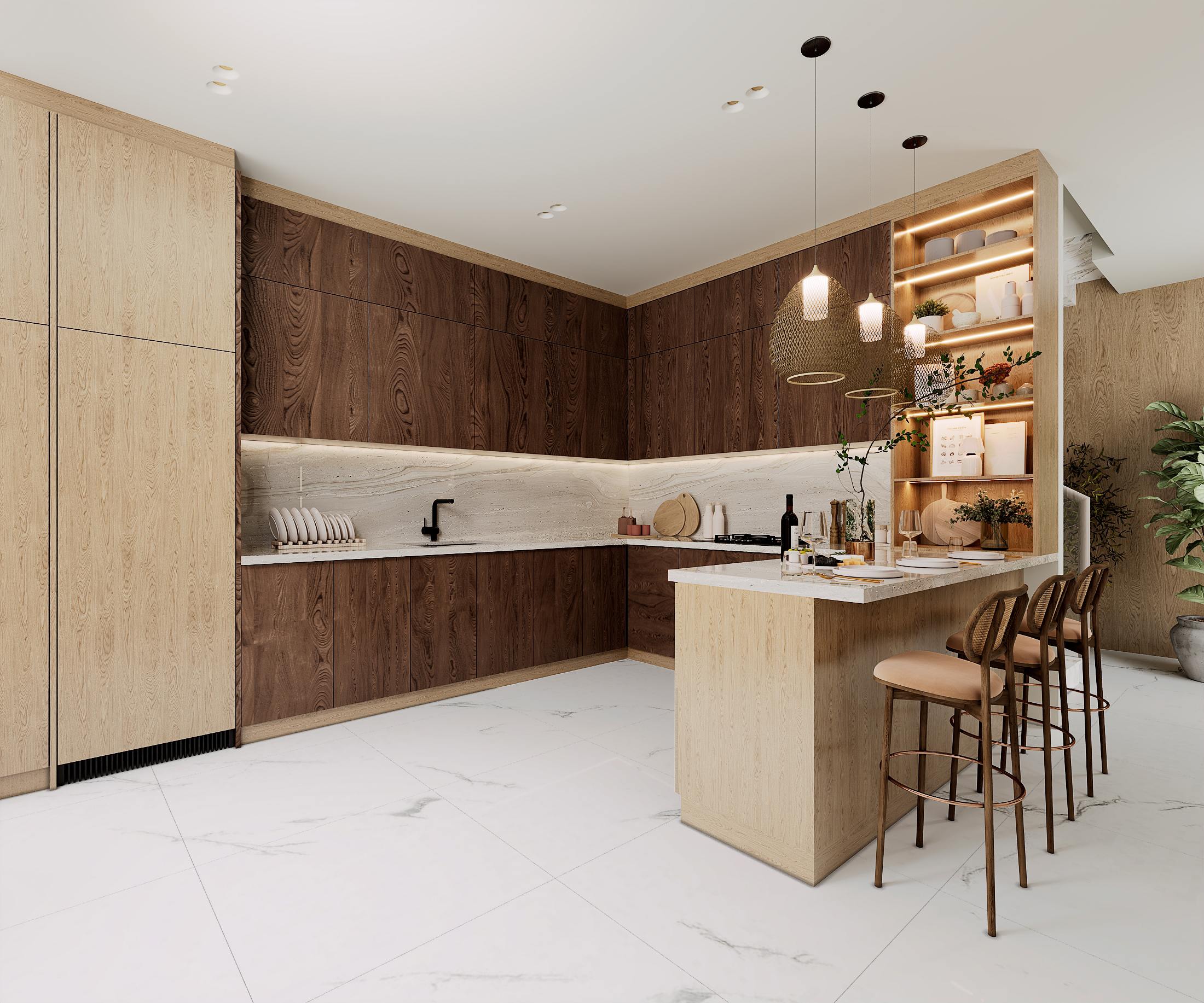 Modern luxury condo kitchen with wood cabinetry, marble countertops, and a spacious kitchen island.