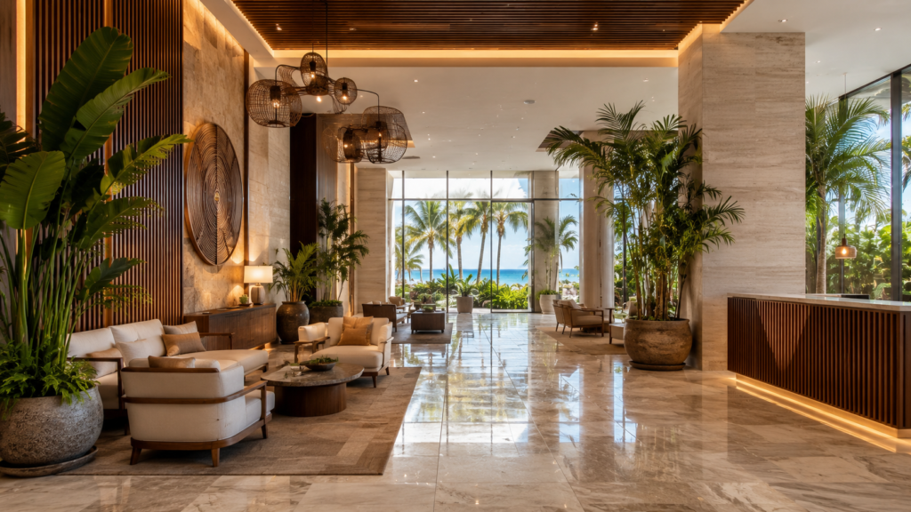 Luxury condominium lobby in Puerto Vallarta with ocean views, modern Mexican design, marble floors, tropical plants, and upscale seating.