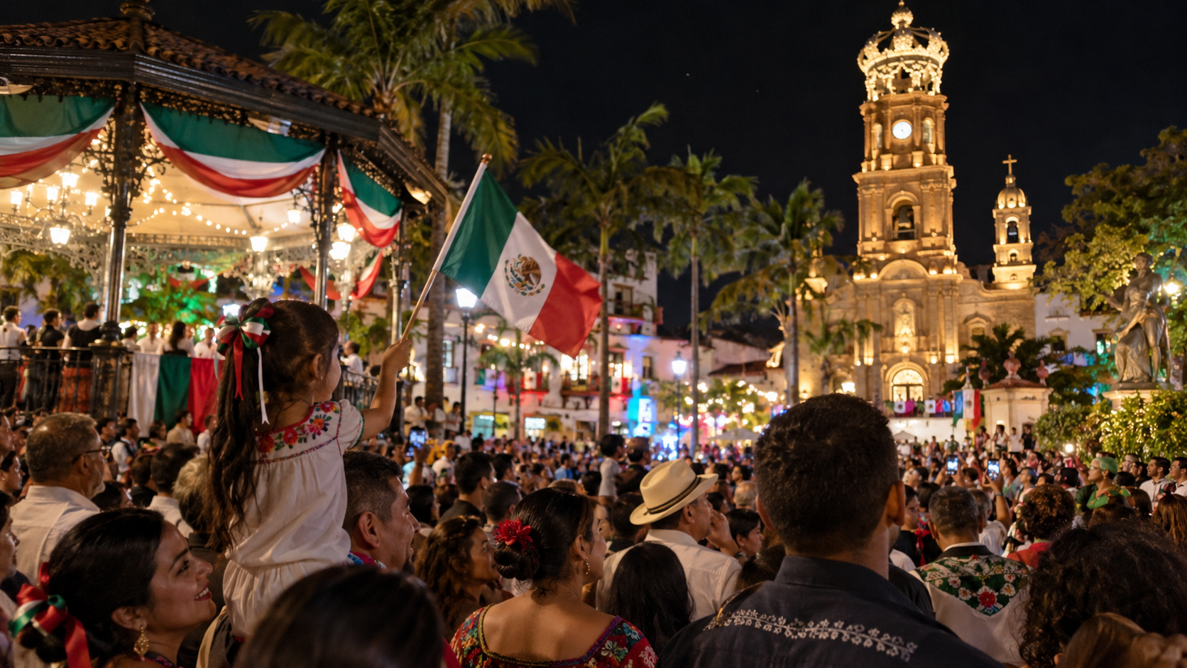 Mexican Independence in Puerto Vallarta celebration with crowds, Mexican flags, and illuminated downtown church