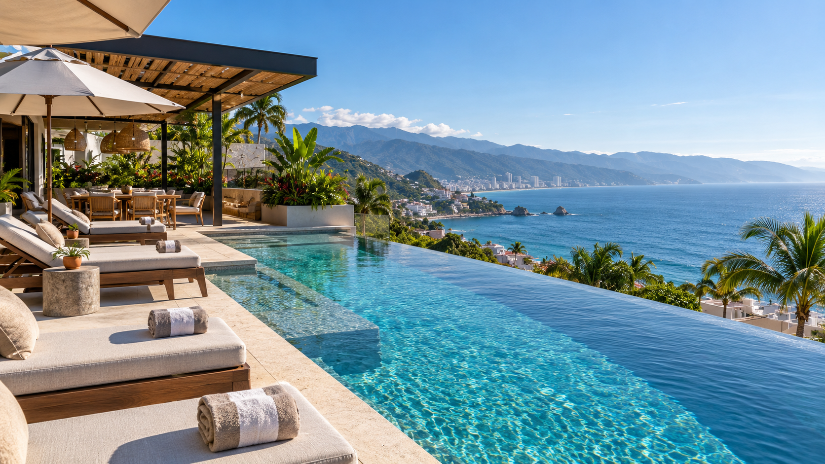Luxury Puerto Vallarta condo infinity pool overlooking Banderas Bay with ocean views and tropical mountains.