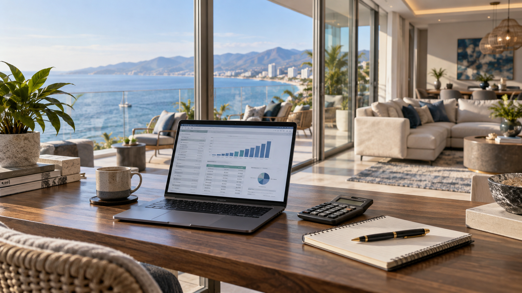 Luxury Puerto Vallarta condo with ocean views and a laptop displaying rental income and occupancy data. Copy alt text