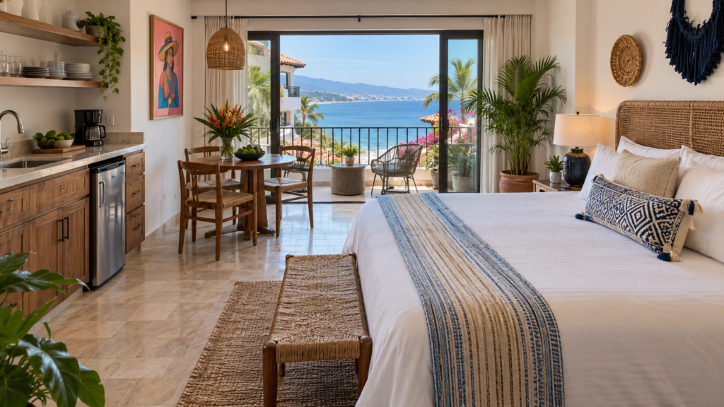 Modern studio condo in Puerto Vallarta with an ocean-view balcony, kitchenette, dining area, and king-size bed. Copy alt text