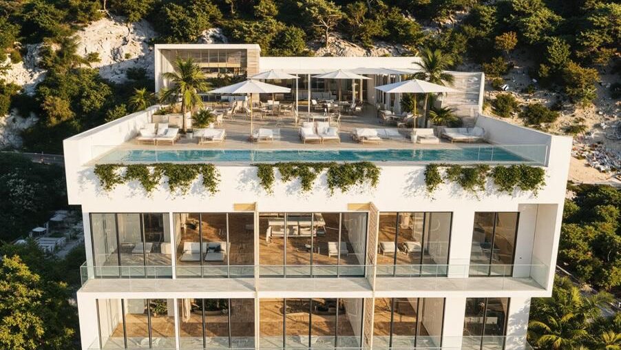 Modern luxury condominium building in Puerto Vallarta featuring spacious balconies, rooftop amenities and contemporary architecture.