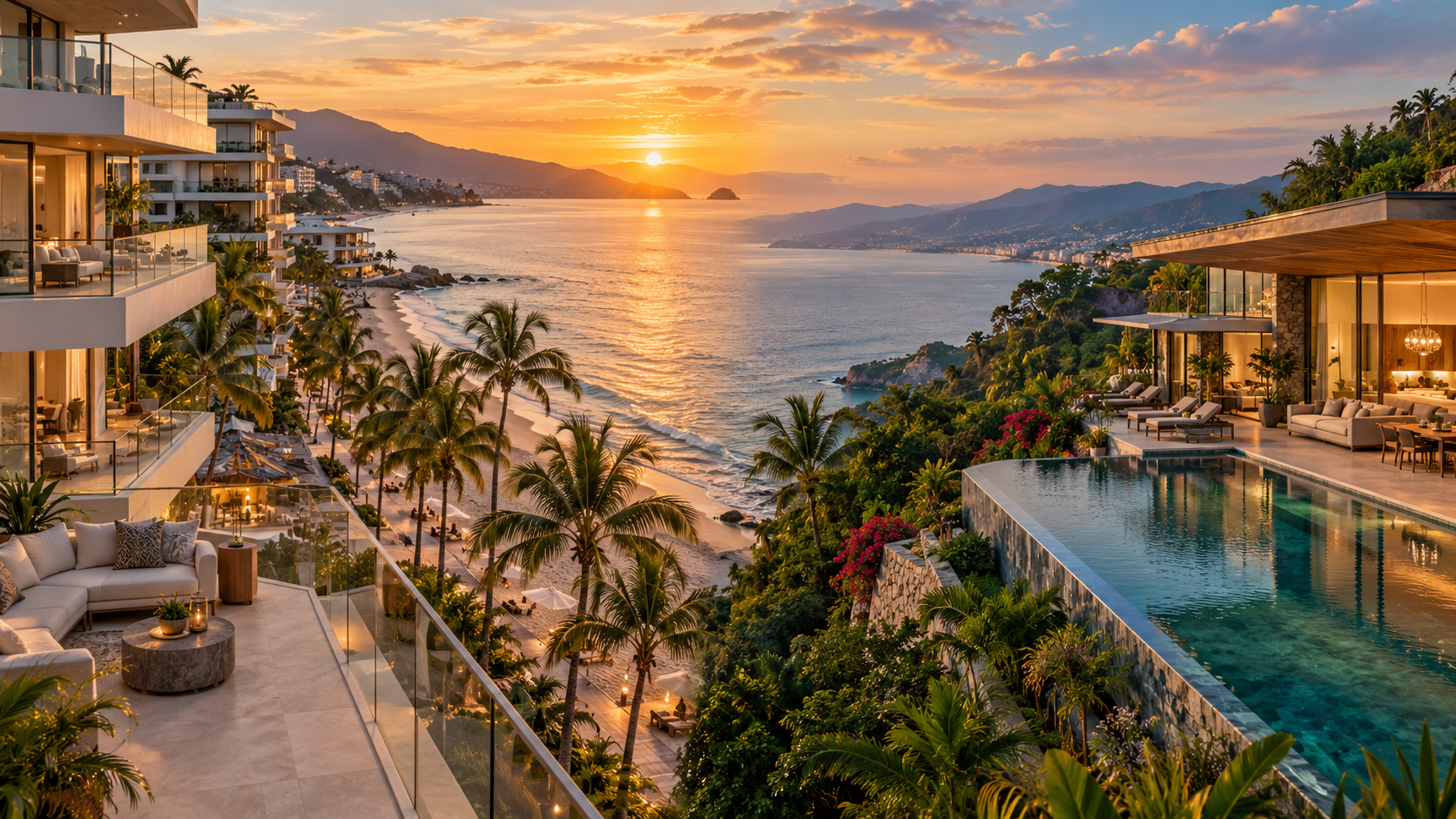 Luxury beach and hillside real estate in Puerto Vallarta at sunset