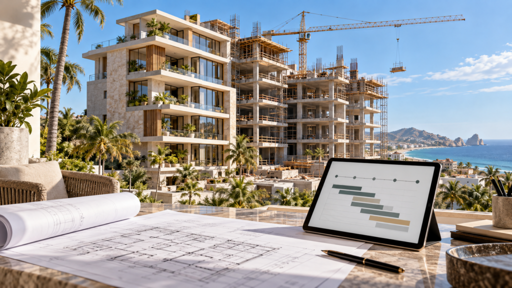 Pre-construction condo development in Mexico with architectural plans and payment schedule