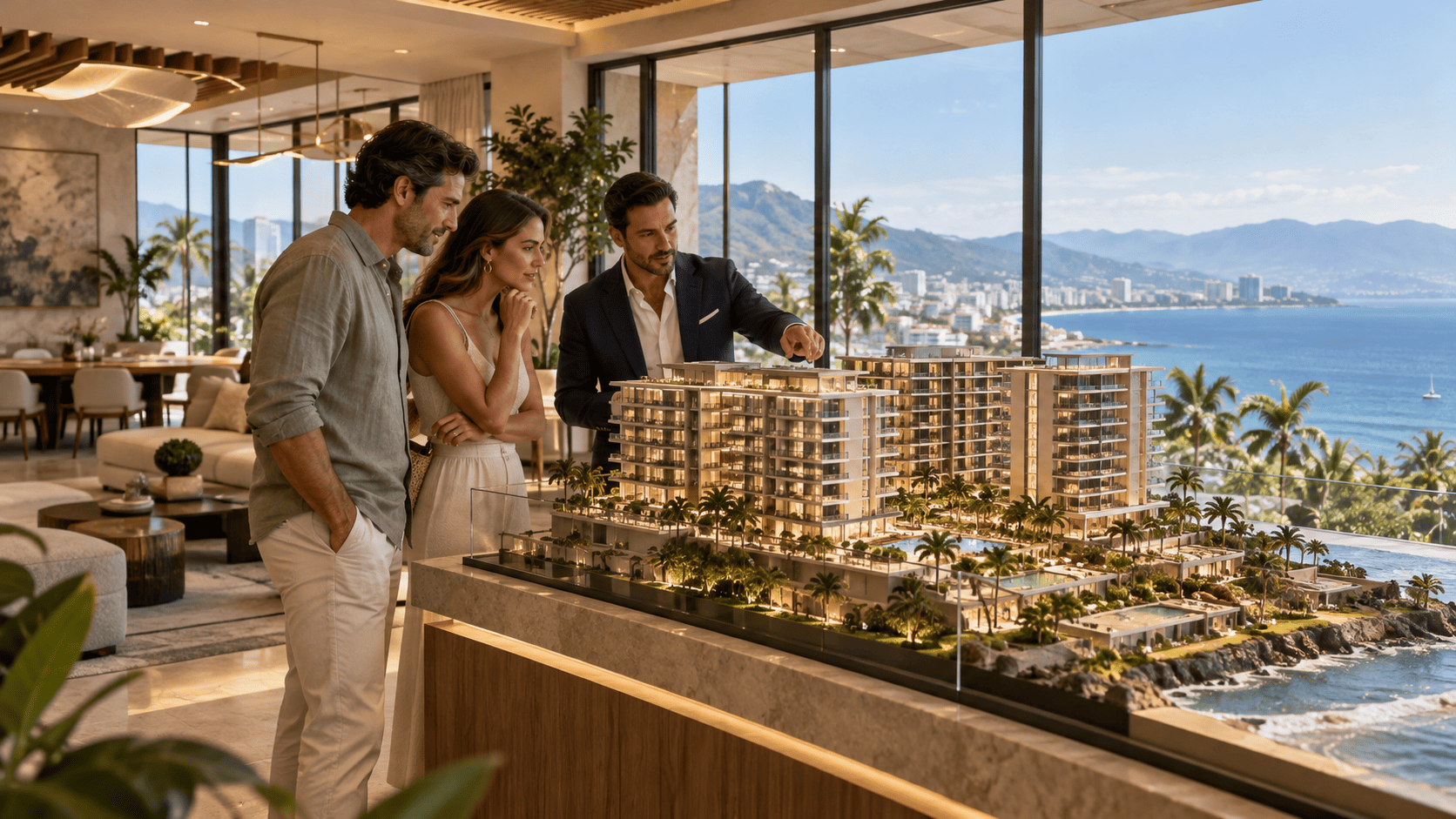 Buyers reviewing a luxury pre-sale condominium model in Puerto Vallarta overlooking Banderas Bay