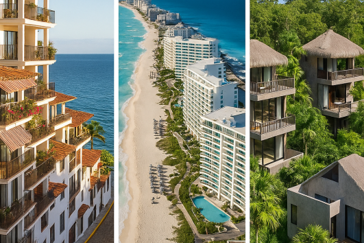 Side-by-side comparison of real estate in Puerto Vallarta, Cancún, and Tulum with beachfront and jungle views