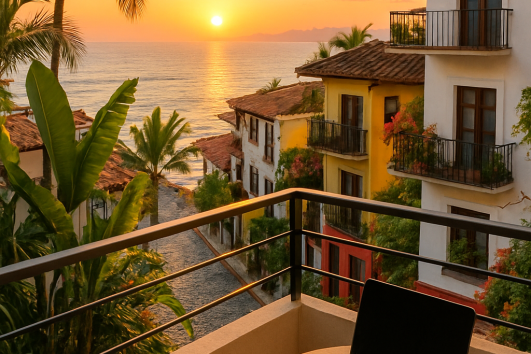 Sunset view from Puerto Vallarta balcony with laptop and ocean in background