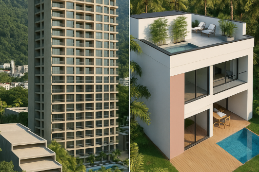 Side-by-side comparison of a luxury condo building and a modern villa in Banderas Bay, Mexico