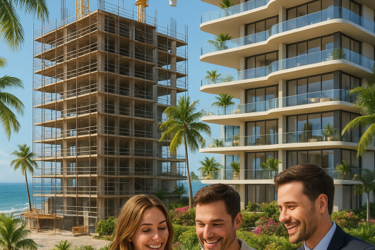 Couple reviewing floor plans with real estate agent in front of a presale condo development under construction in Puerto Vallarta.