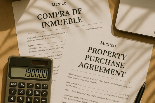 Hand calculating condo purchase costs in Mexico with property agreement papers