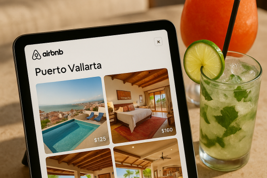 Tablet showing Airbnb listings in Puerto Vallarta with nightly rental prices, next to tropical cocktails.