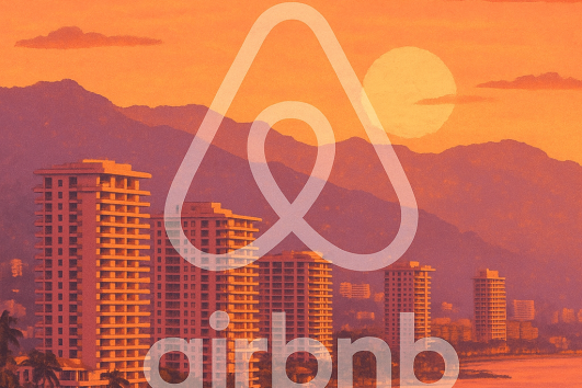 Sunset view of Puerto Vallarta beachfront skyline with Airbnb logo overlay