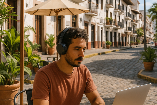 Digital nomad working on a laptop at an outdoor café in Zona Romántica, Puerto Vallarta