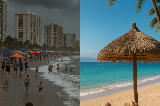 Split image of crowded Florida beach under stormy skies and peaceful Puerto Vallarta beach with retirees relaxing under palm trees